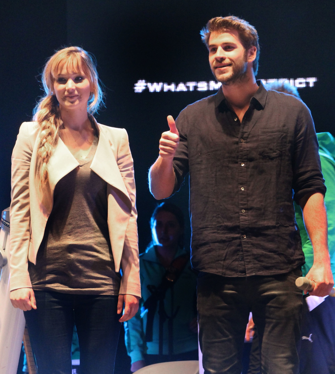 Jennifer Lawrence and Liam Hemsworth together at The Hunger Games rally at Six Flags in Mexico City!
